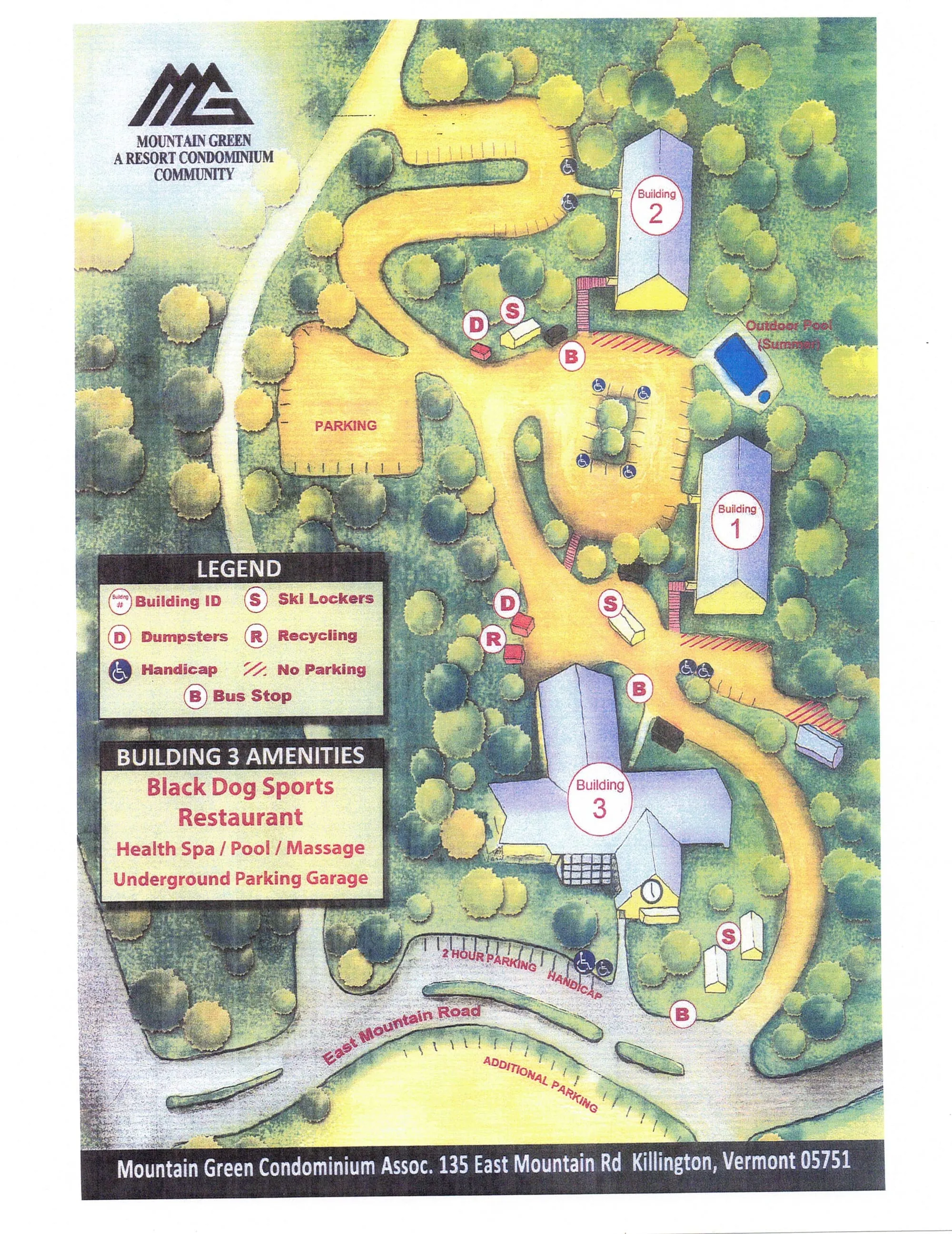 Detailed Mountain Green Resort property map in Killington VT showing three condo buildings with unit numbers, heated outdoor pool area, parking lots, Building 3 amenities hub with indoor pool and fitness center, Black Dog Sports ski shop, Back Body & Mind Health Spa, underground parking garage, and directional access to Killington ski slopes